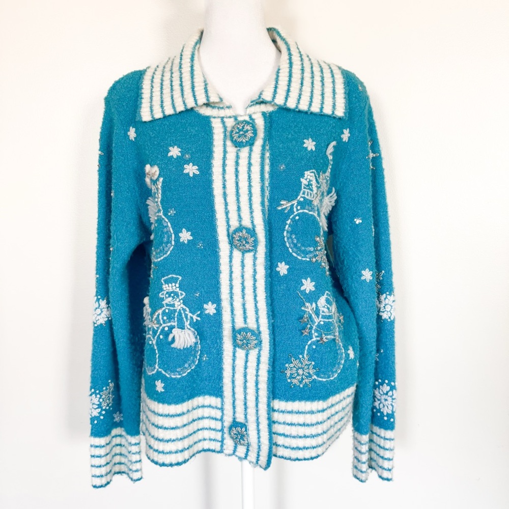 Design Options by Philip & Jane Gordon Aqua Blue Snowman Cardigan Sweater Medium